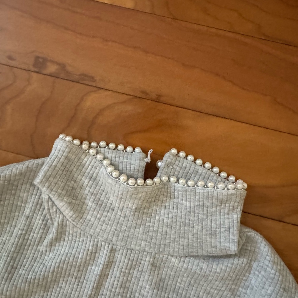 Grey Ribbed Turtleneck with Pearl Trim